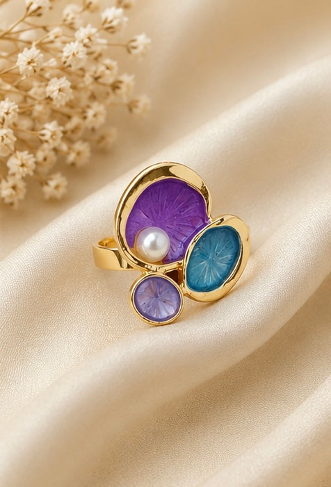 French-vintage style gold enamel lotus pad and pearl cocktail ring