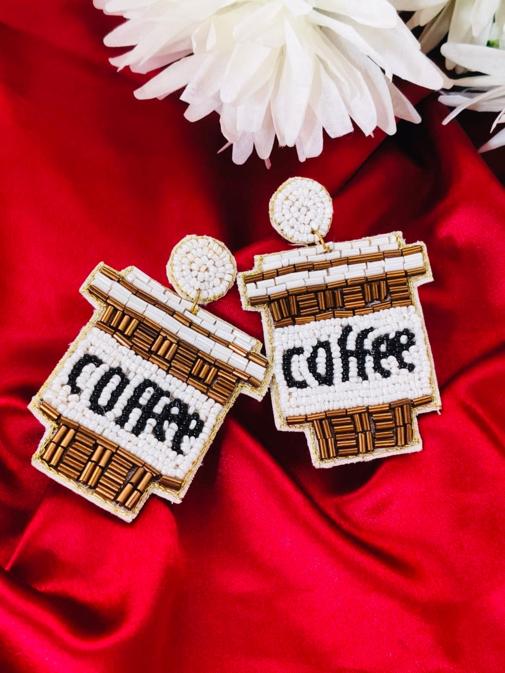 Handmade Beaded Coffee Cup Statement Earrings