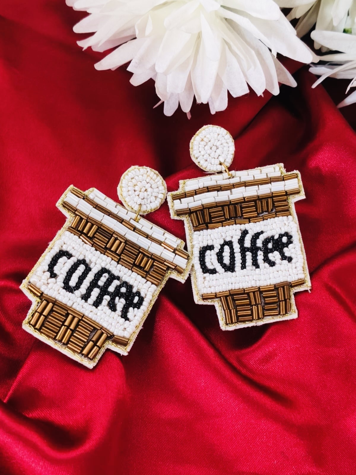 Handmade Beaded Coffee Cup Statement Earrings