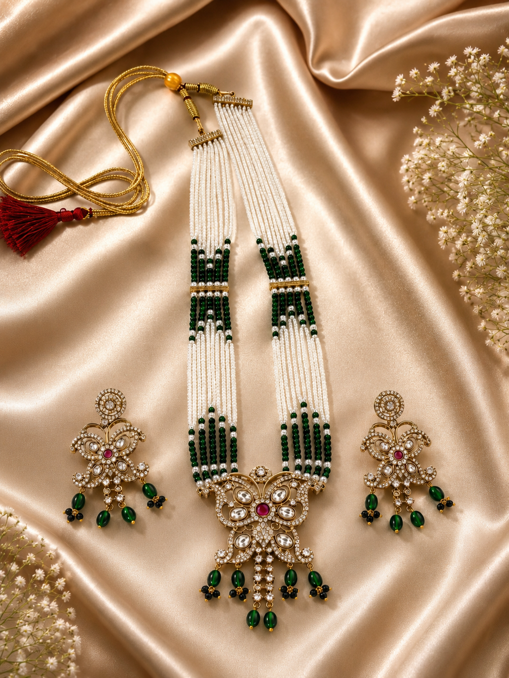 Gold-plated multi-strand pearl and kundan necklace set