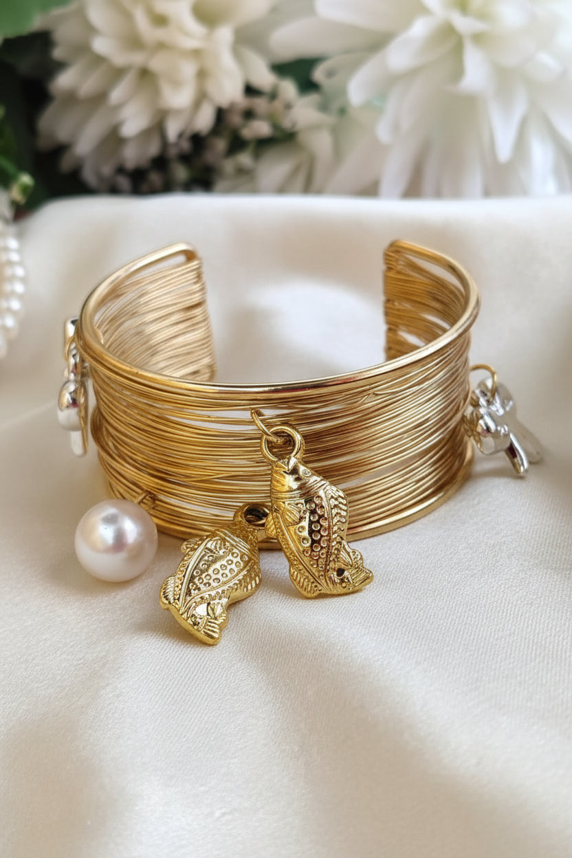 Multi-Wire Pearl And Fish Charm Cuff