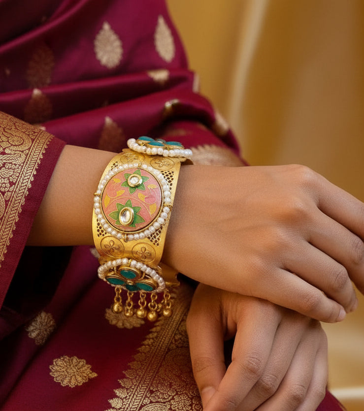 Gold-Plated Handcrafted Meenakari Cuff Bracelet with Pearl Border and Ghungroo Tassels