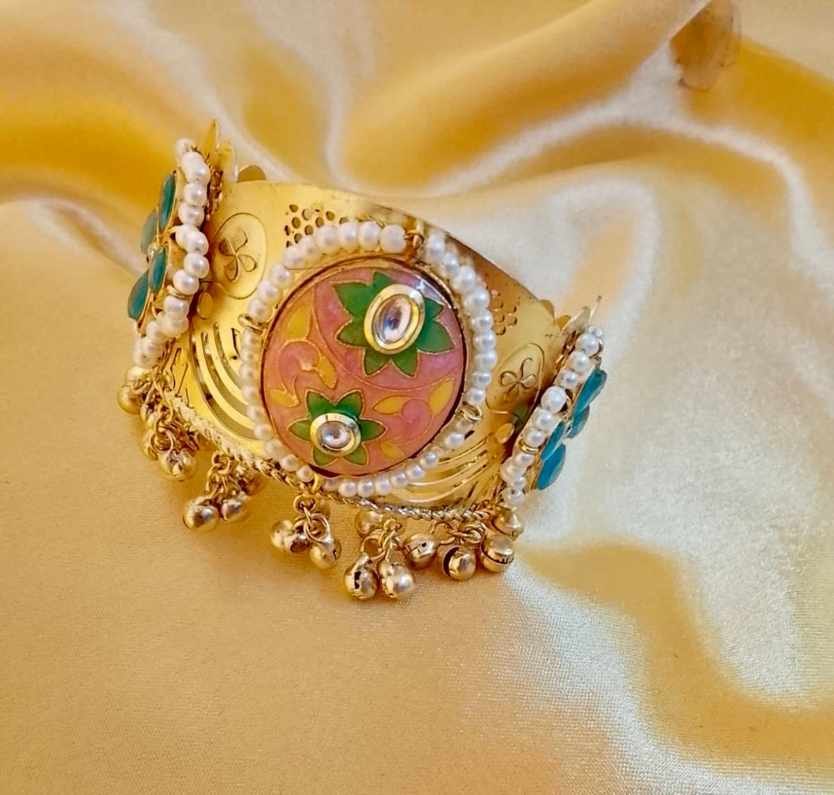 Gold-Plated Handcrafted Meenakari Cuff Bracelet with Pearl Border and Ghungroo Tassels