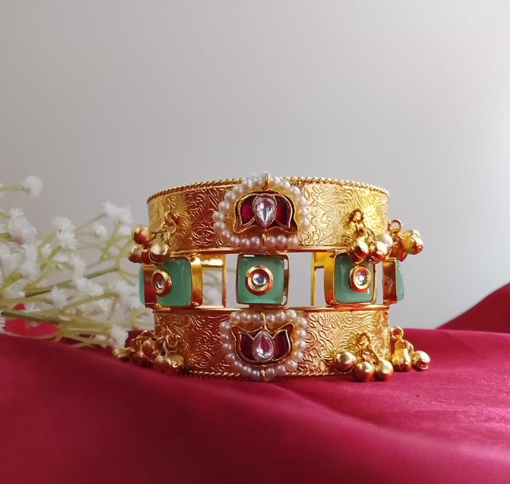 Gold-Plated Rajwadi Kada Open Cuff Bracelet with Kundan, Pearls, and Mint Green Stones