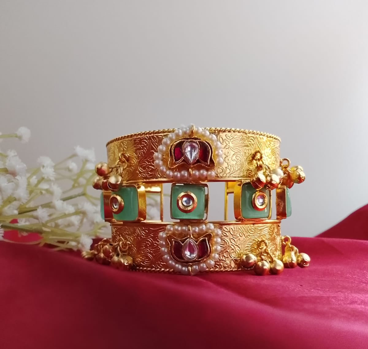 Gold-Plated Rajwadi Kada Open Cuff Bracelet with Kundan, Pearls, and Mint Green Stones