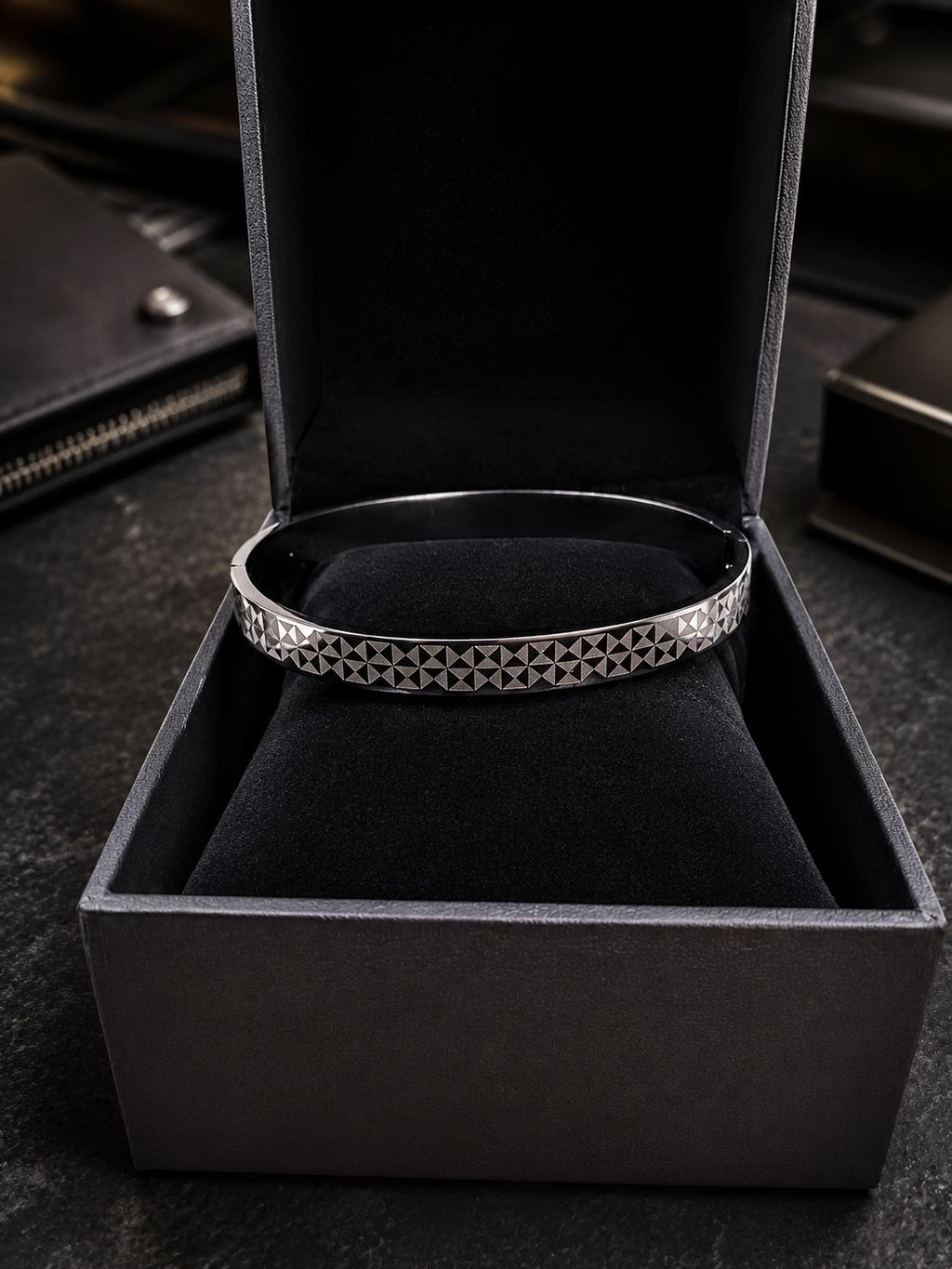 Contemporary silver/golden geometric checkerboard men's bracelet