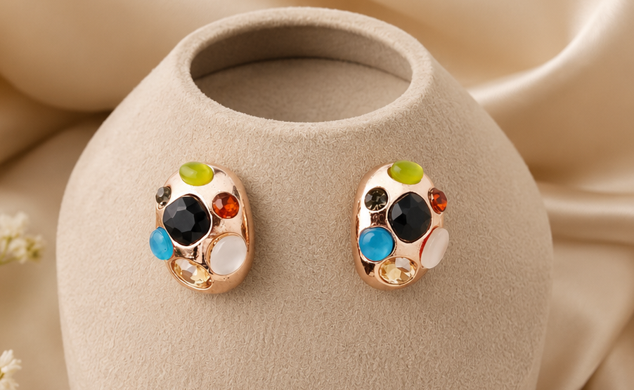 Women's multi-color gemstone mosaic dome stud earrings