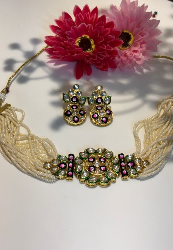 Polki flower shape choker with mini pearl strands