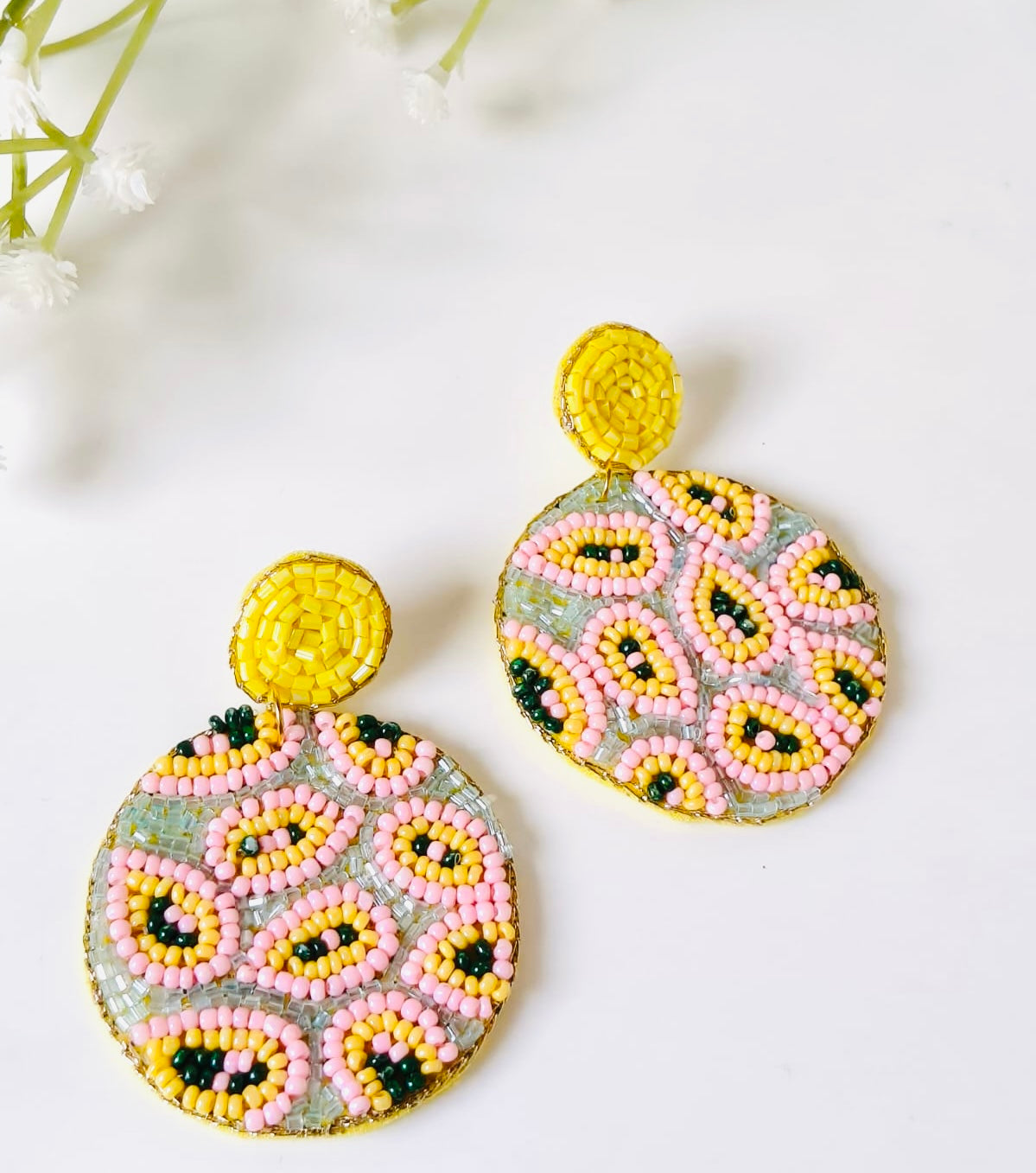 Handmade abstract leopard print beaded drop earrings
