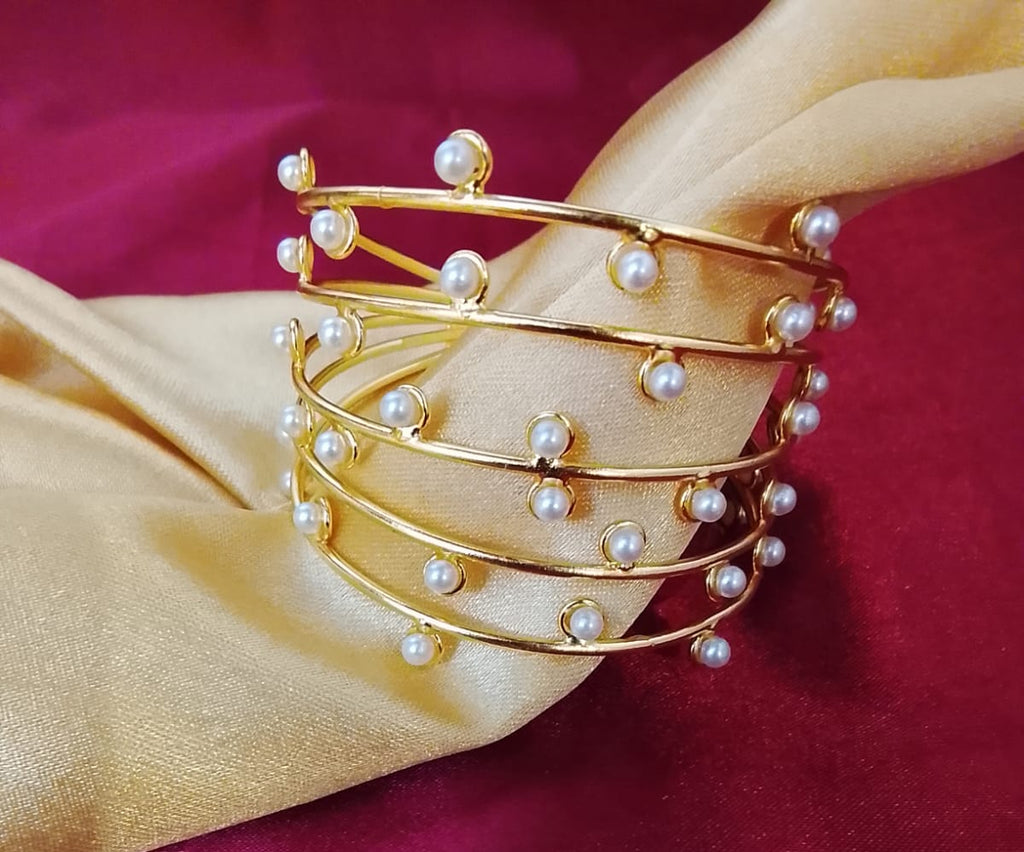 Gold-Plated Multi-Layer  Cuff Adjustable Bracelet with Scattered Pearls
