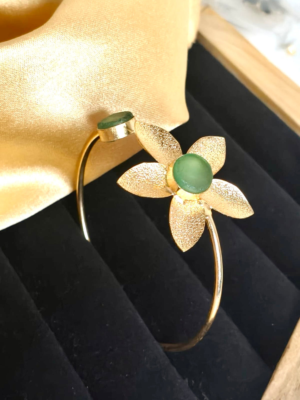 Gold-Plated Textured Floral Open Cuff Bracelet with Matte Stone