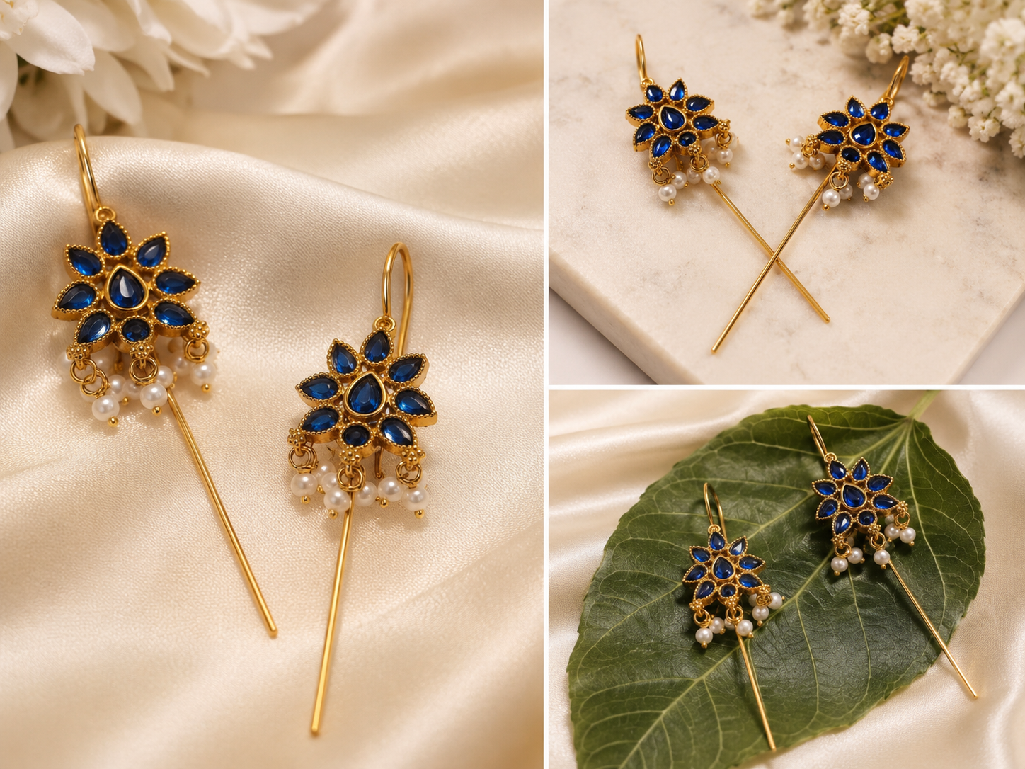 Royal Blue Kundan Floral Full-Ear Wrap Cuff