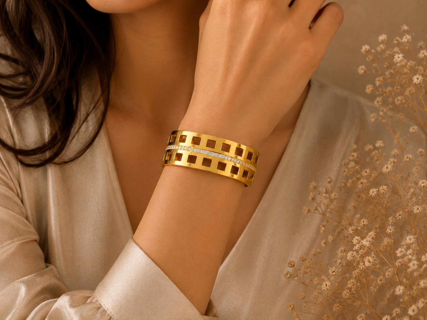 Cutout geometric diamond wide cuff bracelet
