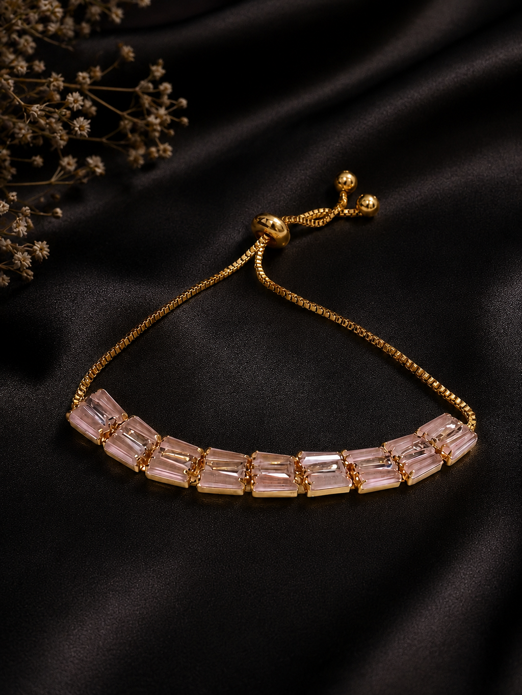 Elegant gold-plated pink baguette crystal drawstring bracelet