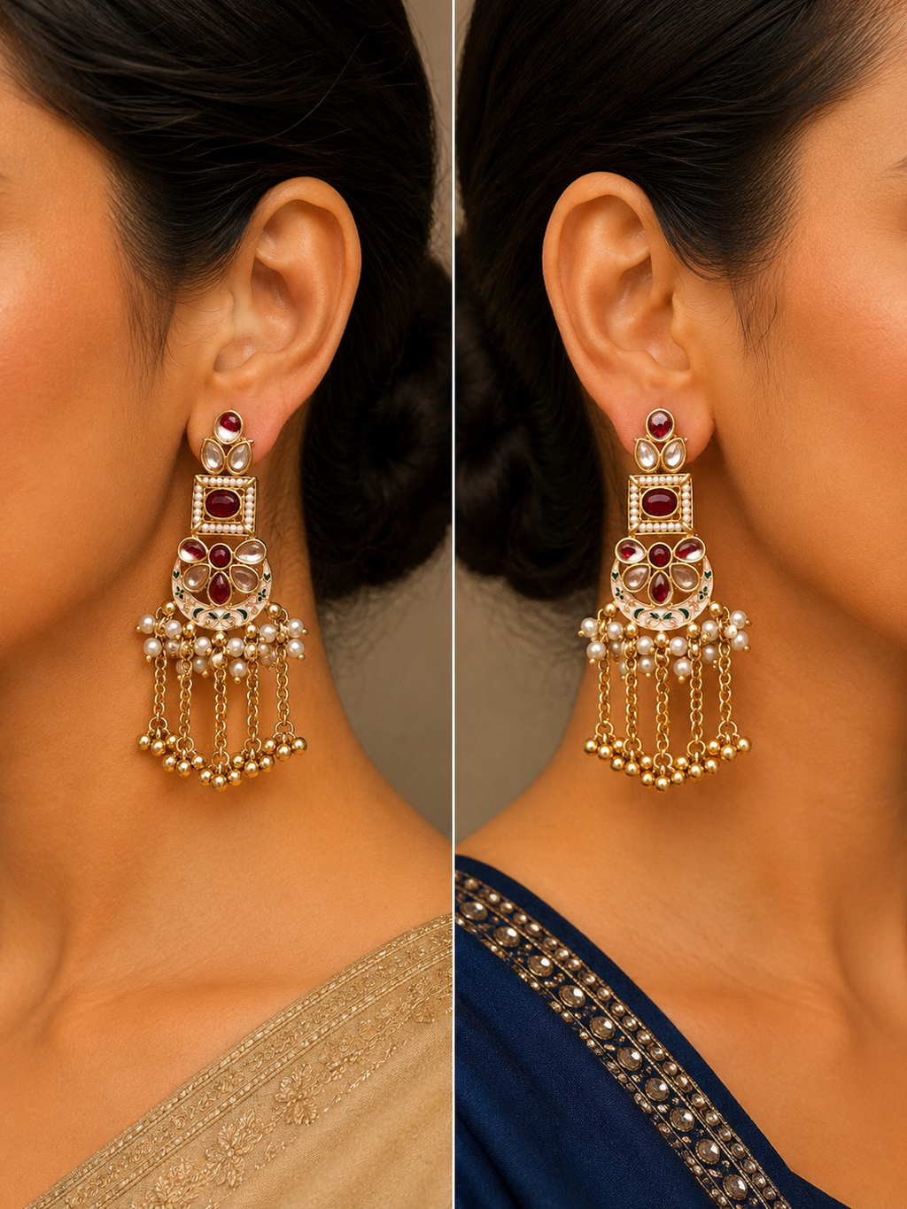 Meenakari & Emerald  Kundan Jhumka Drop Earrings