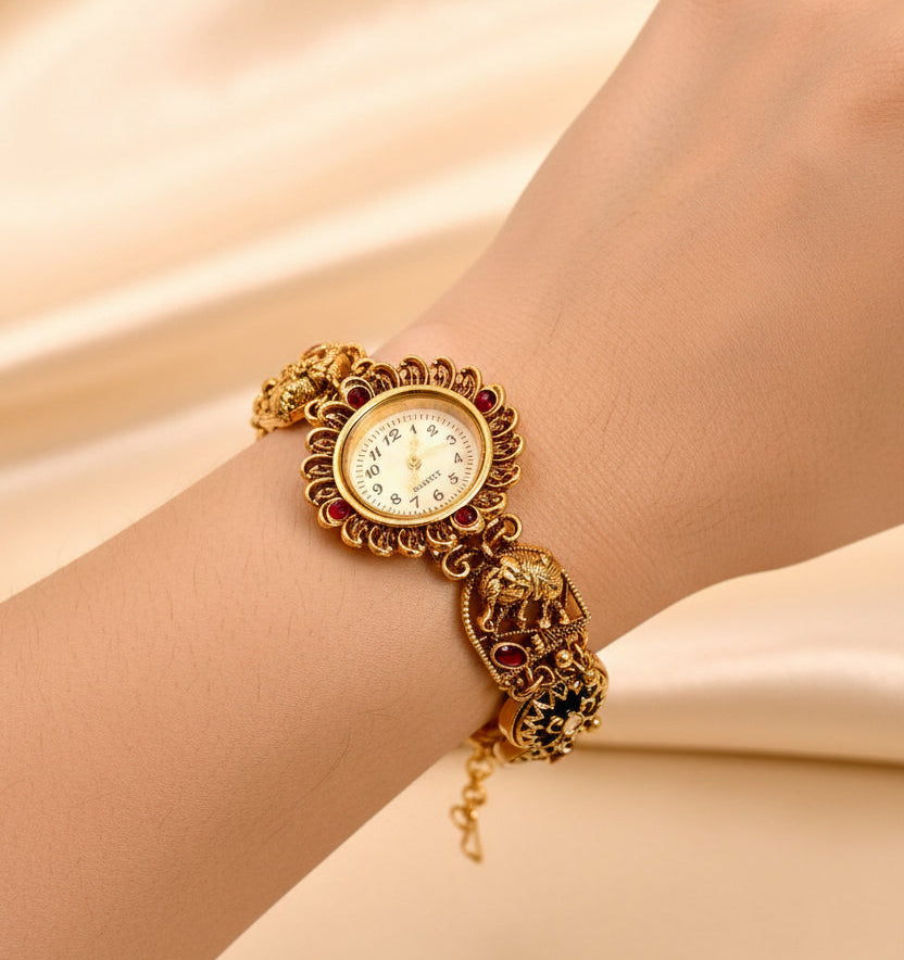 Kashmiri Meenakari Elephant Motif Bracelet Watch (Traditional)