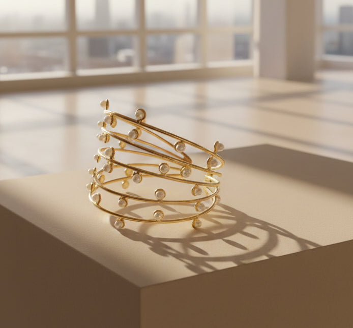 Gold-Plated Multi-Layer  Cuff Adjustable Bracelet with Scattered Pearls