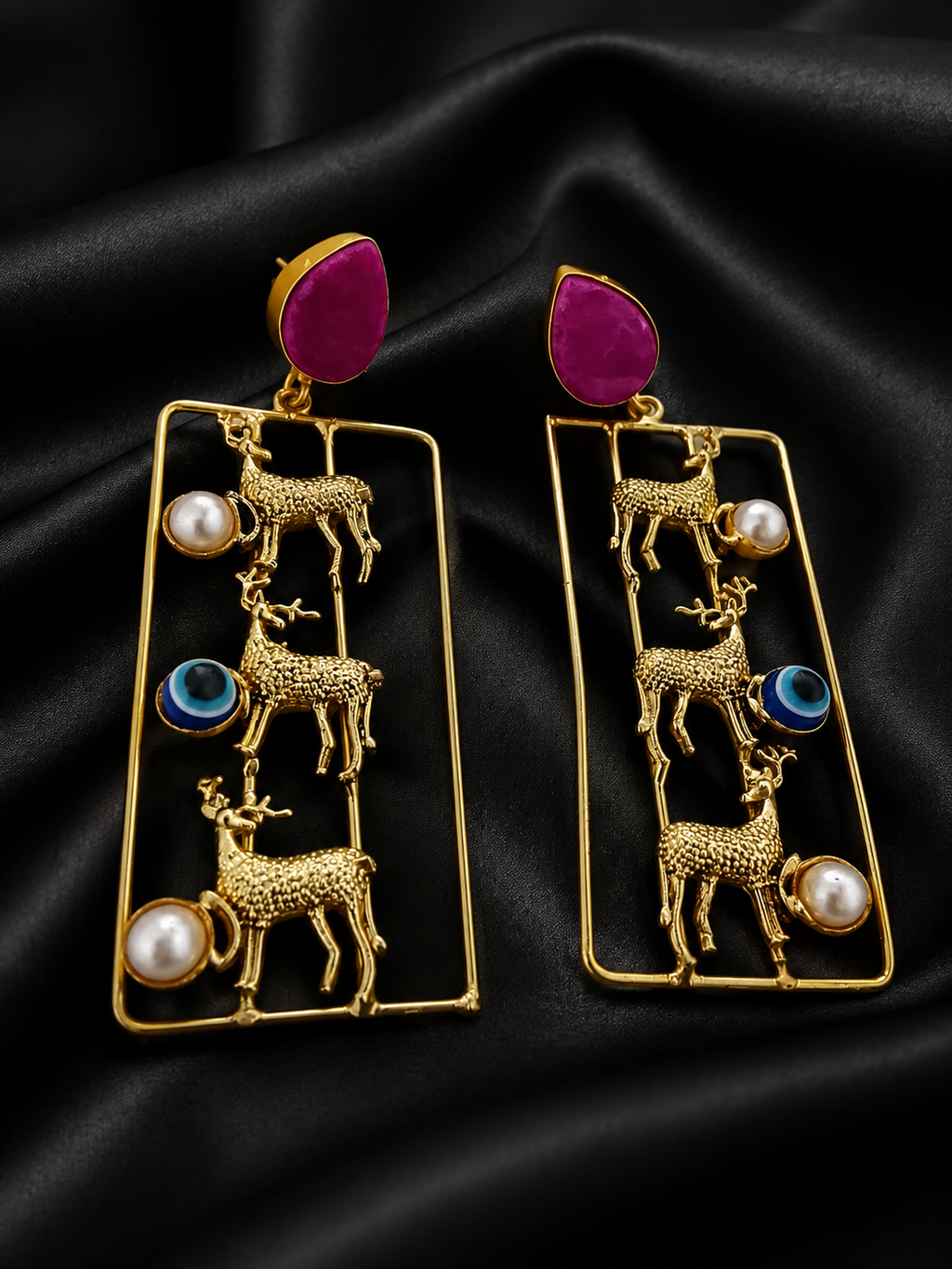 Vintage Indo-Modern Deer & Evil Eye Statement Earrings