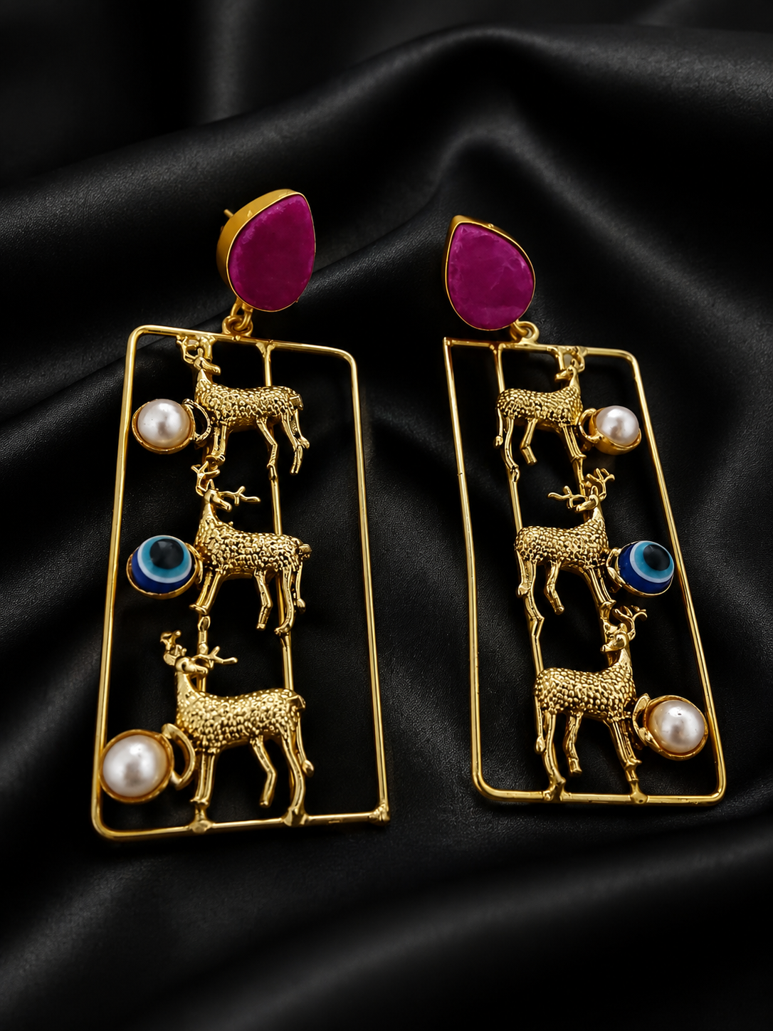 Vintage Indo-Modern Deer & Evil Eye Statement Earrings