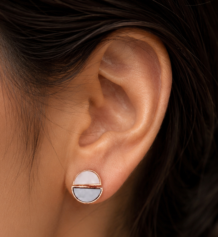 Women's rose gold geometric bi-color half-circle stud earrings