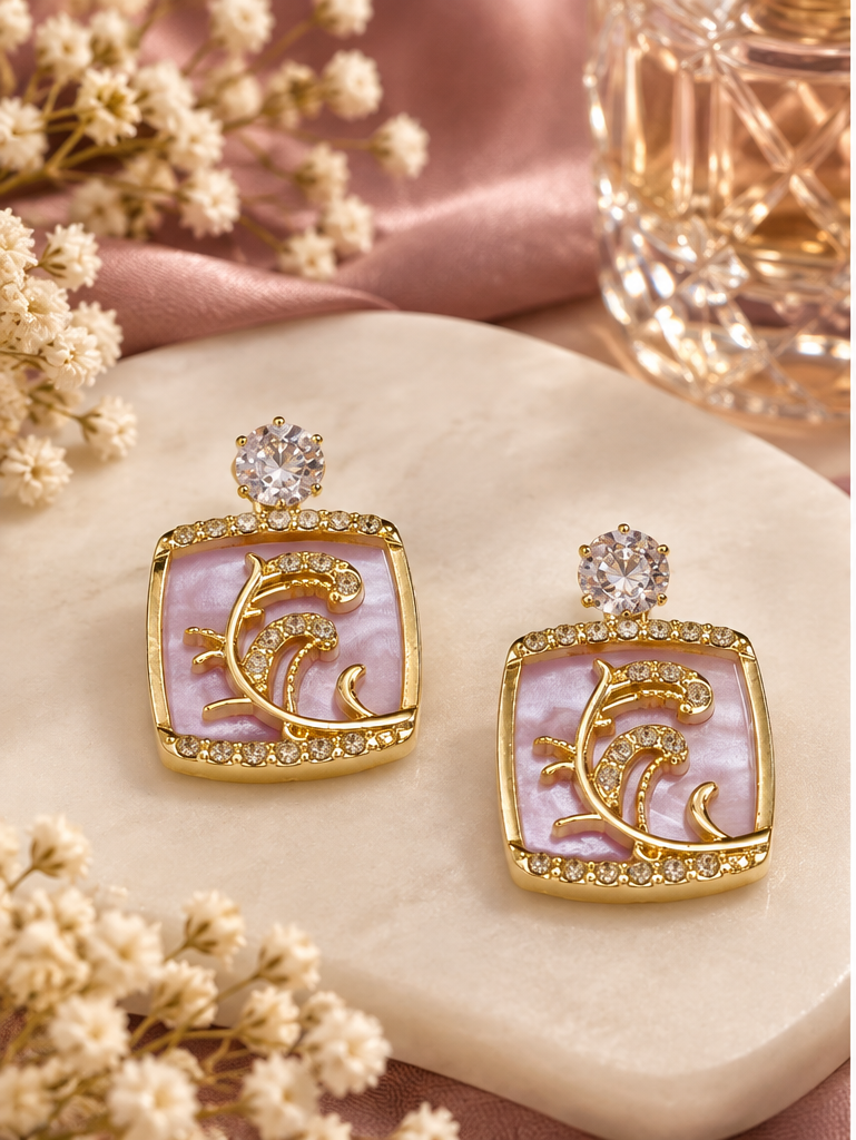 Korean-inspired baby-pink square drop earrings
