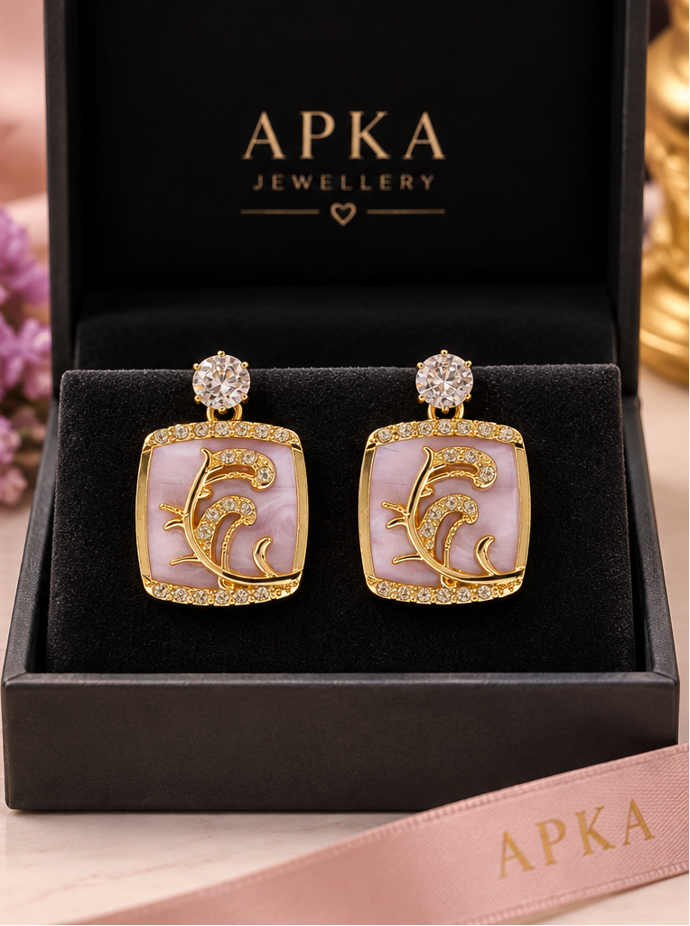 Korean-inspired baby-pink square drop earrings