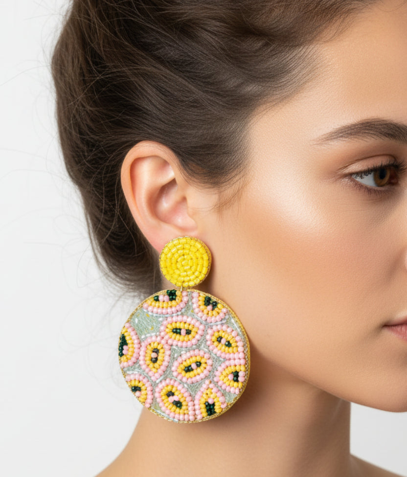 Handmade abstract leopard print beaded drop earrings