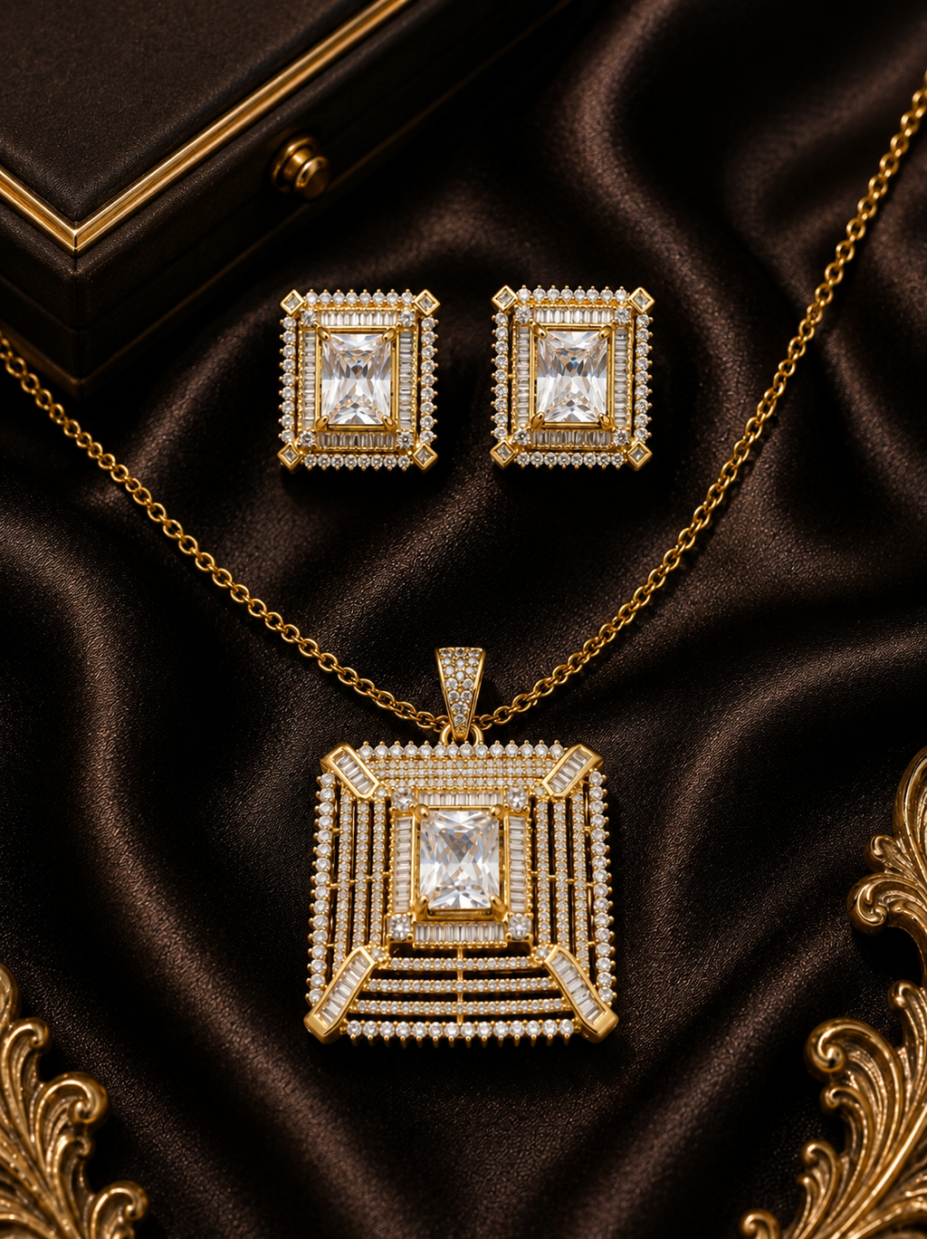 Gold-Plated All-White American Diamond Pendant Set