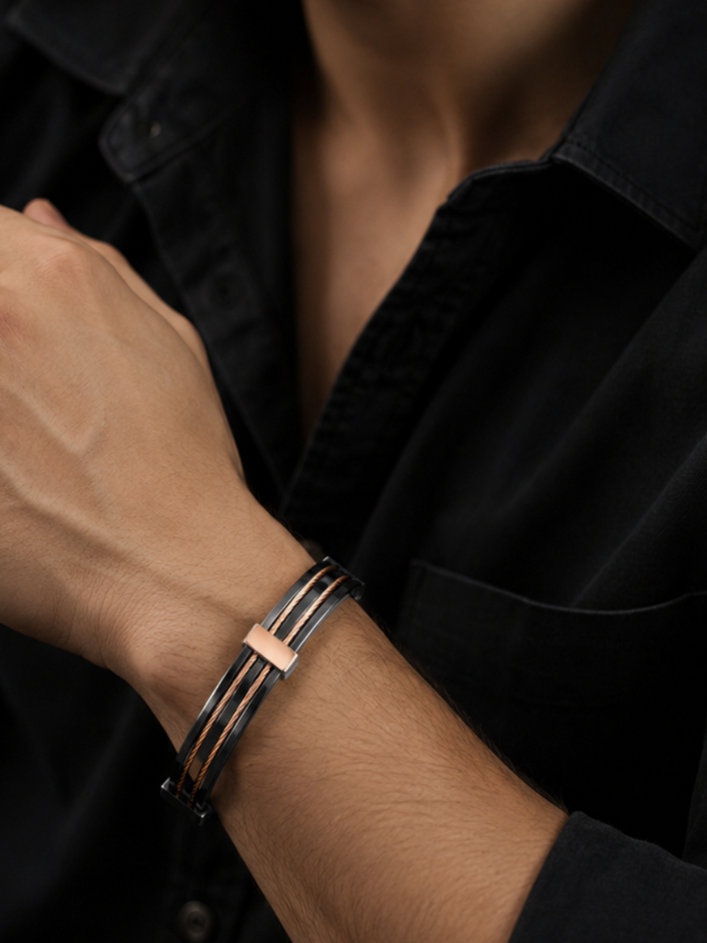Industrial black and rose gold cable men's bracelet