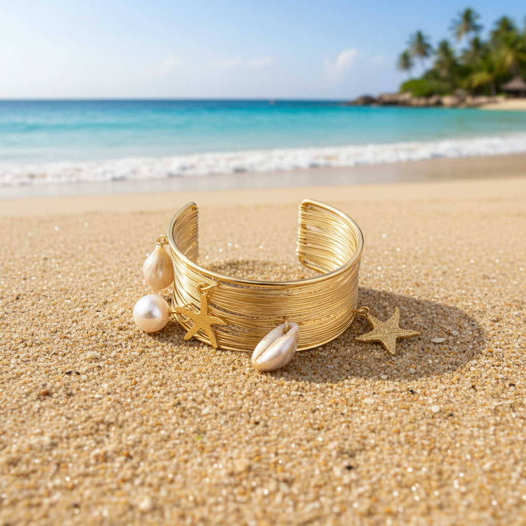 Multi Wired Shell And Starfish Charm Cuff Bracelet