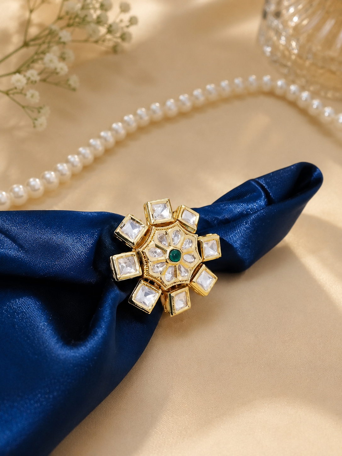 Floral Design Kundan Gold Plated Adjustable Ring