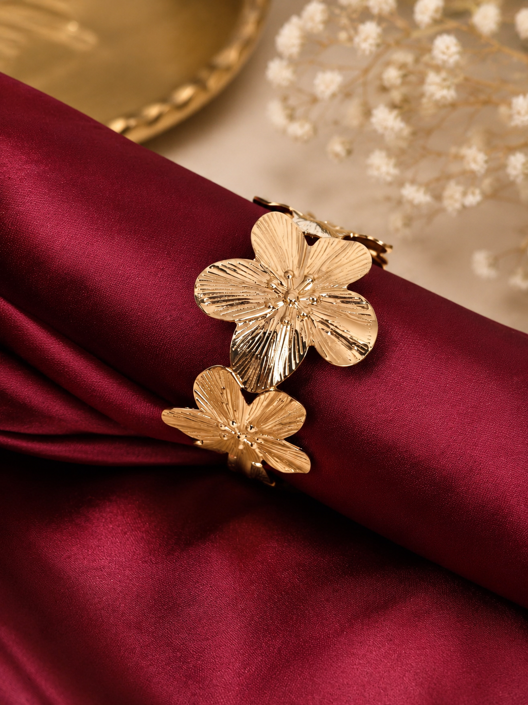 Floral blossoms Gold Plated Anti Tarnish Stainless Steel Cuff