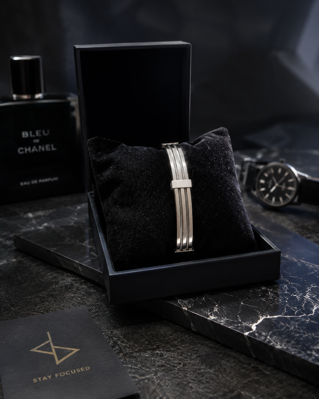 Industrial silver and steel cable men's bracelet
