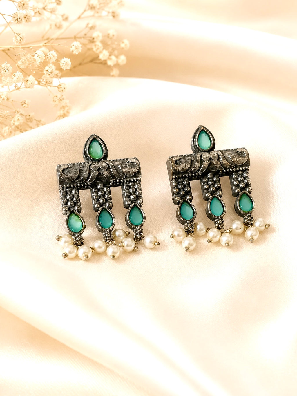 Vintage Oxidized Silver Jhumka-Style Stud Earrings