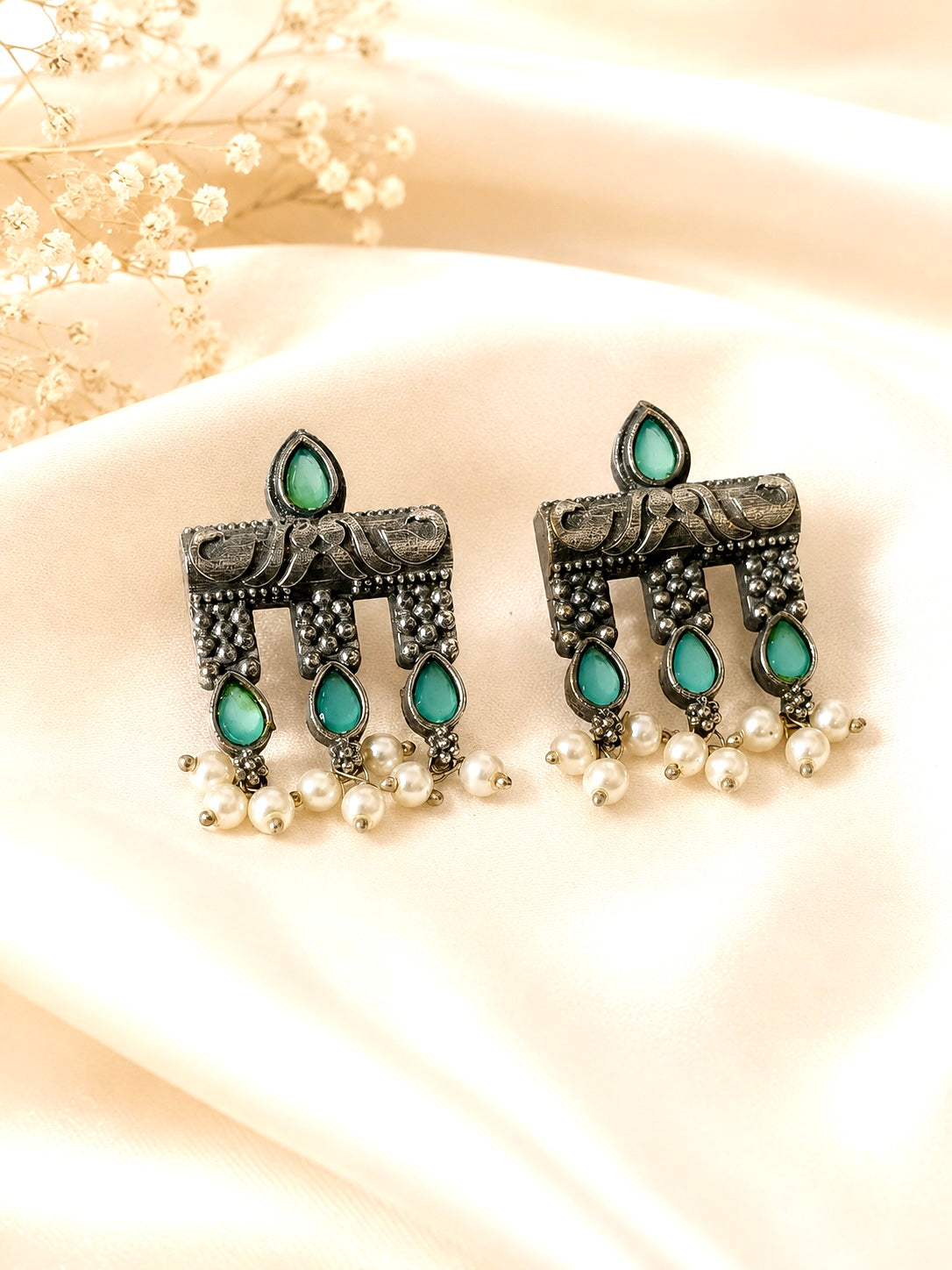 Vintage Oxidized Silver Jhumka-Style Stud Earrings