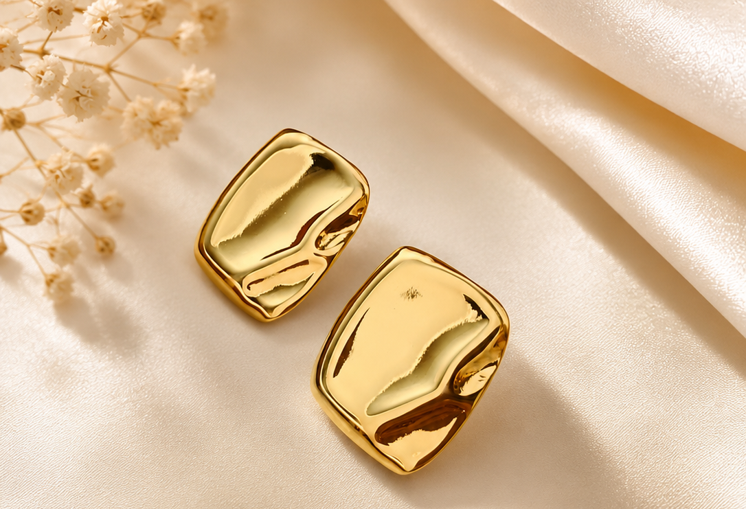 Women's chunky gold irregular molten square stud earrings