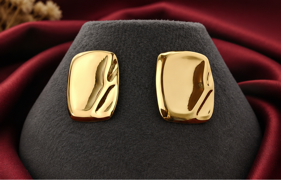 Women's chunky gold irregular molten square stud earrings