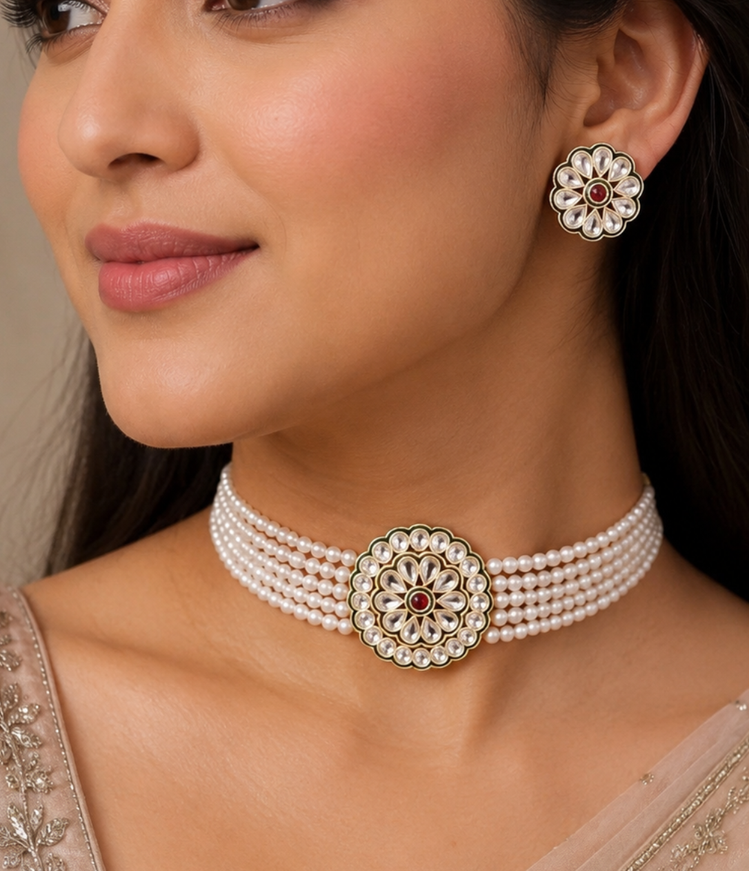 Polki flower shape choker with big pearl strands
