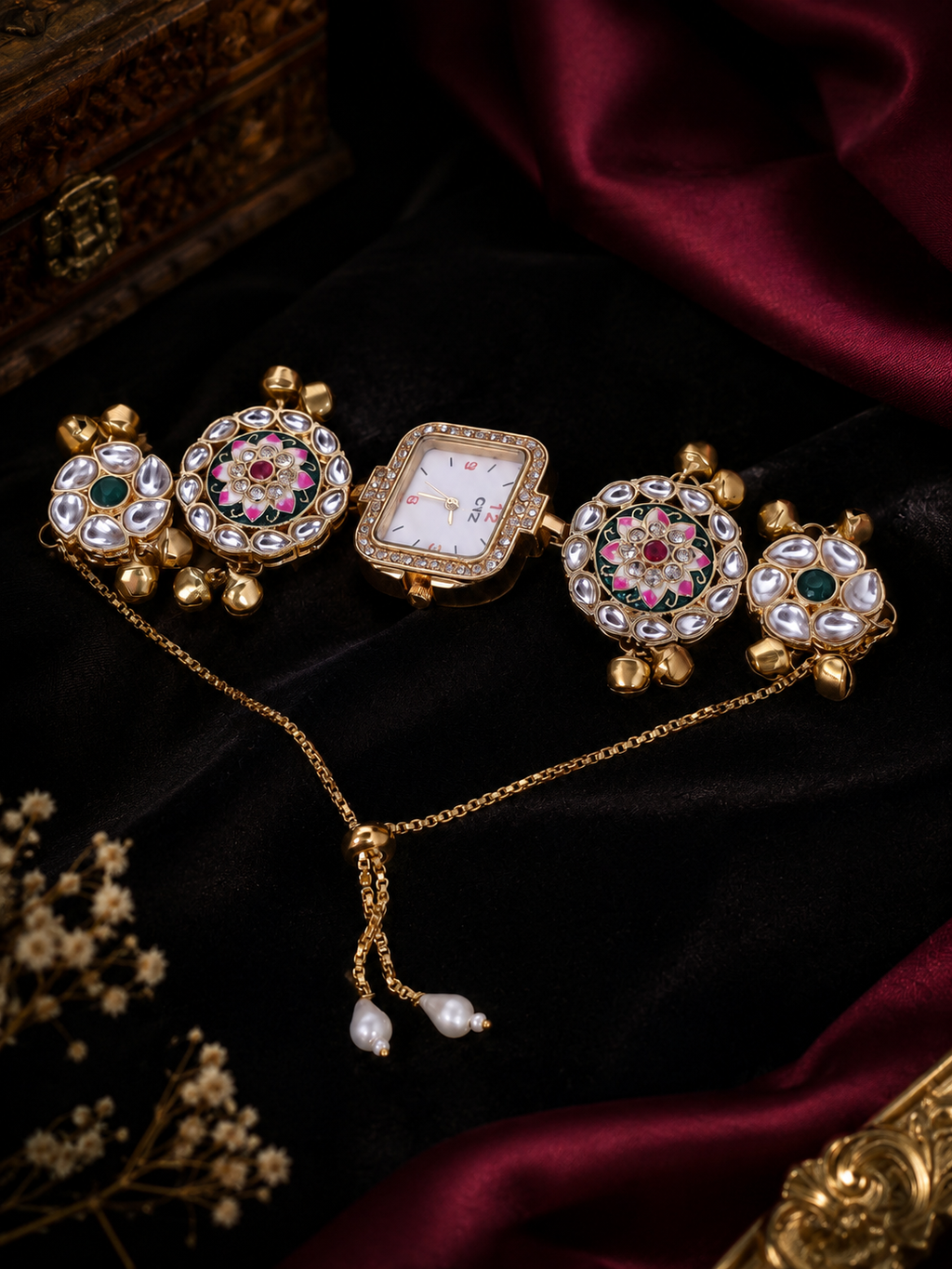 Kashmiri Kundan Meenakari Square Dial Bracelet Watch