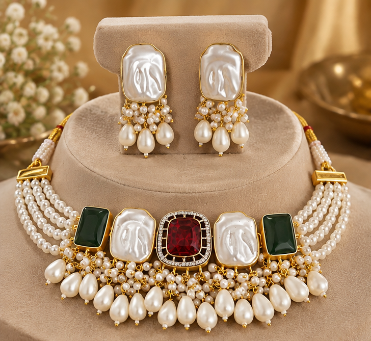 Big pearl choker with clustered pearl drops