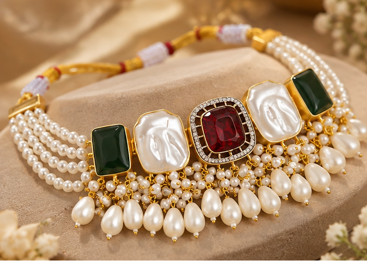 Big pearl choker with clustered pearl drops