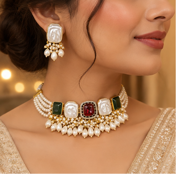 Big pearl choker with clustered pearl drops