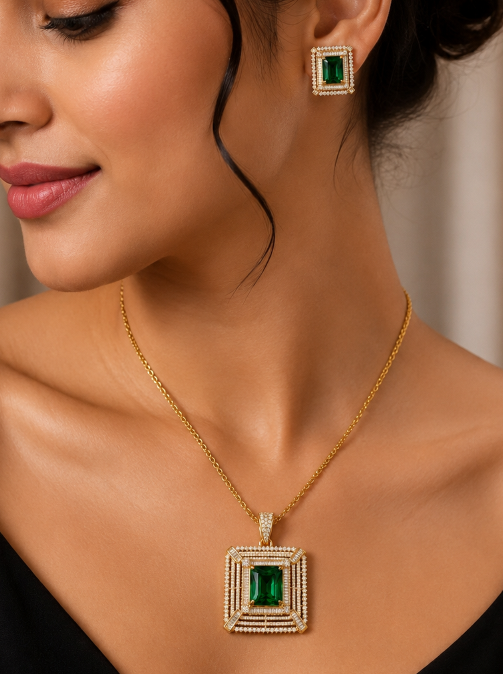 Gold-Plated Emerald Green and American Diamond Pendant Set