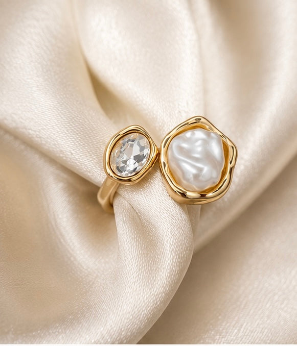 organic molten gold irregular pearl and crystal bypass ring