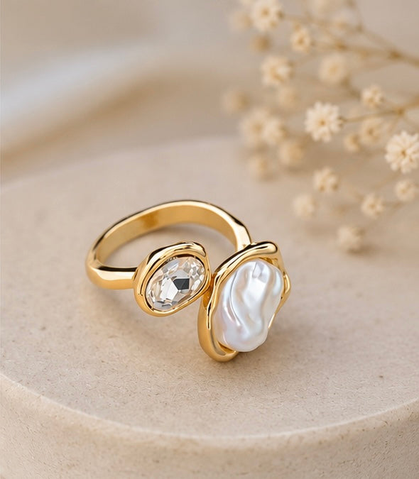 organic molten gold irregular pearl and crystal bypass ring