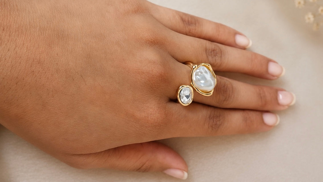organic molten gold irregular pearl and crystal bypass ring