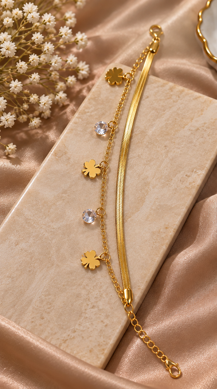 Layered clover herringbone charm bracelet