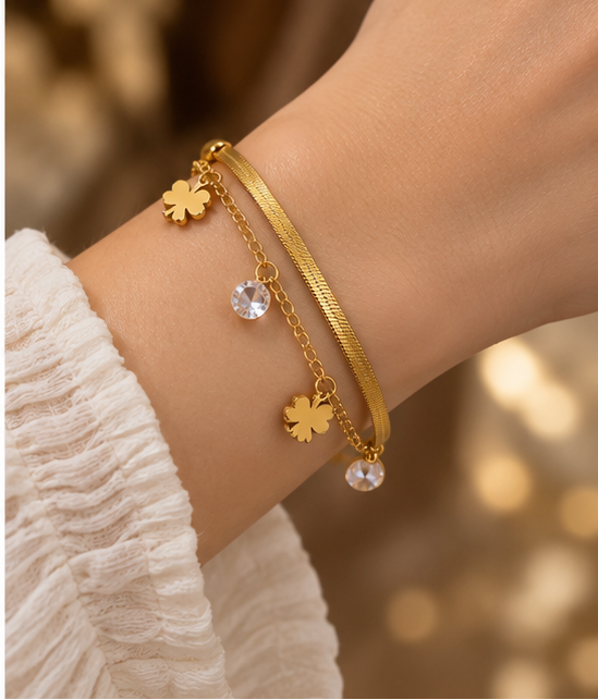Layered clover herringbone charm bracelet