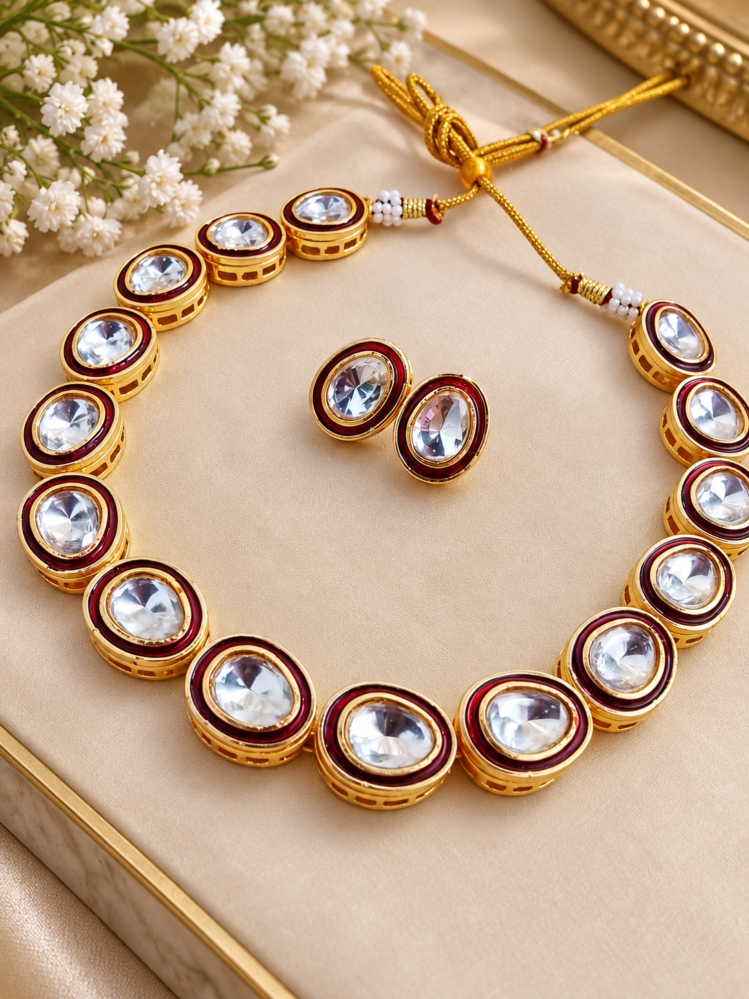 Gold-Plated Single-Line Kundan Necklace & Stud Earring Set