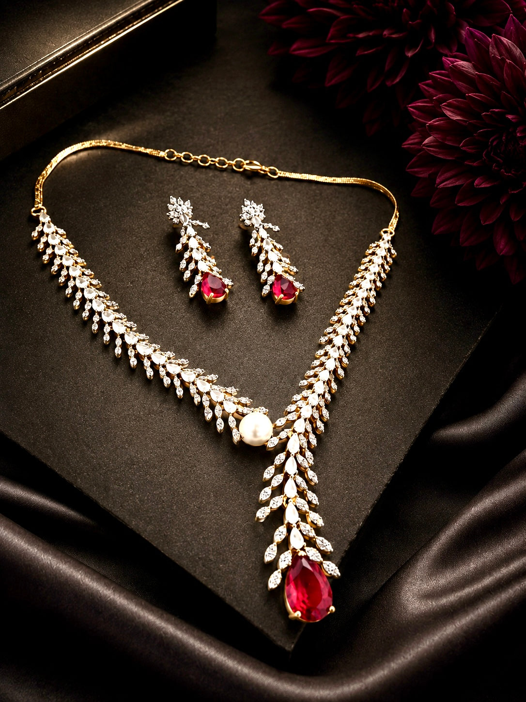 Ruby red stone and American diamond necklace set